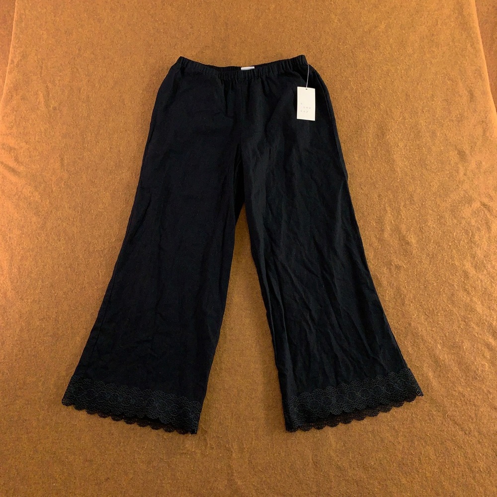 A New Day Womens XS Black Linen Blend Lace Trim Wide Leg Pants NWT